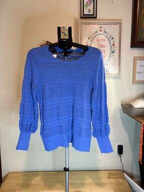 Cable & Gauge 1X Blue Scalloped Neck Pointelle Knit Balloon Sleeve Sweater